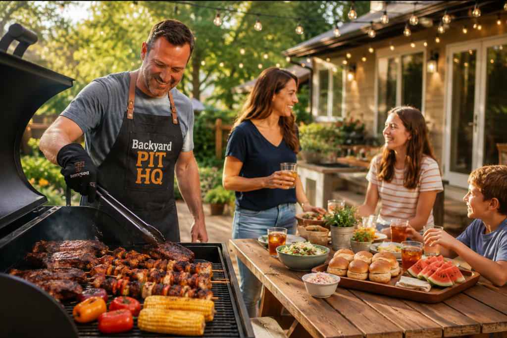 Family enjoying backyard barbecue with smoker grill, grilled food, and unforgettable outdoor cooking memories