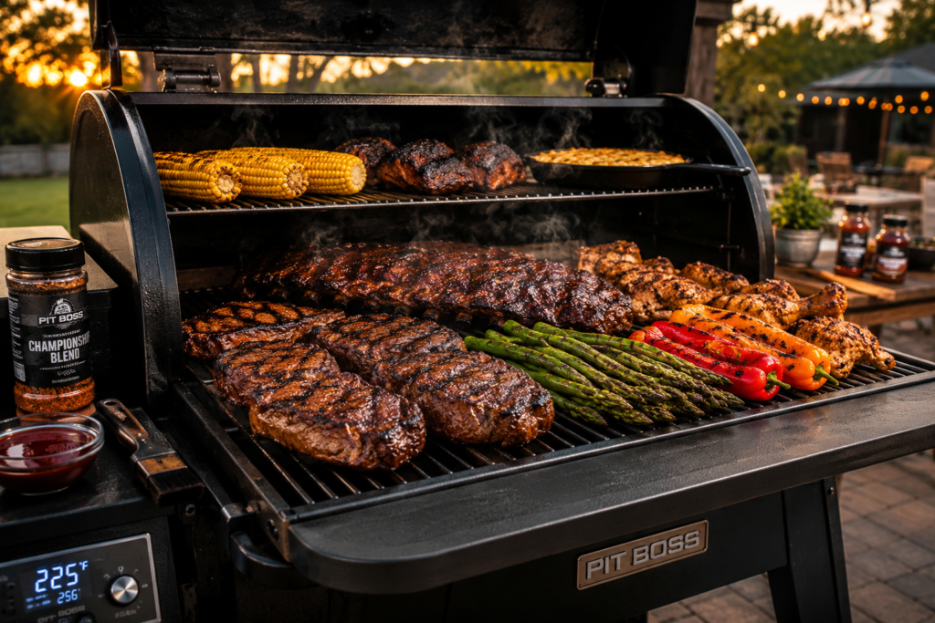 Premium smoker grill loaded with steaks, ribs, wings, vegetables, and barbecue favorites during a backyard cookout