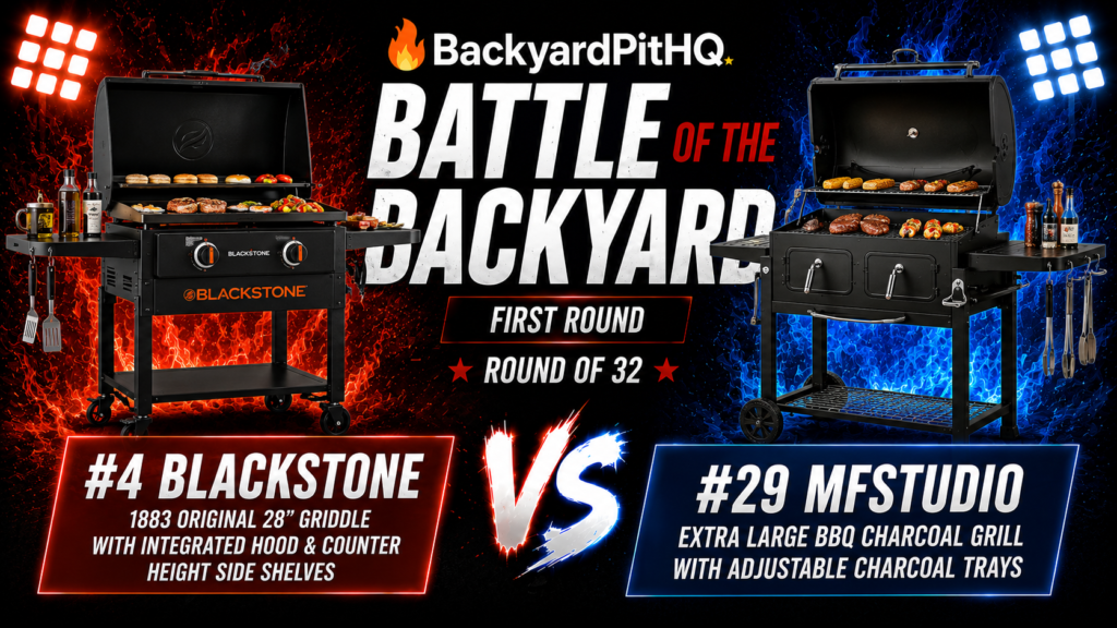 BackyardPitHQ Blackstone vs MFSTUDIO grill battle image featuring griddle versus charcoal grill in 2026 tournament matchup