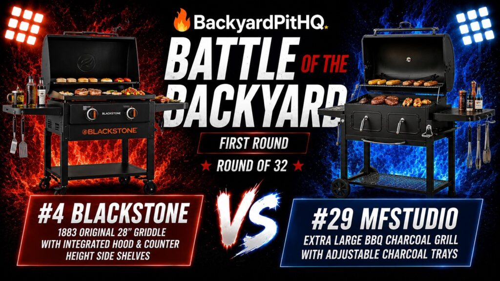 Blackstone vs MFSTUDIO backyard grill battle featuring Blackstone 28 inch griddle versus MFSTUDIO charcoal grill in BackyardPitHQ 2026 tournament