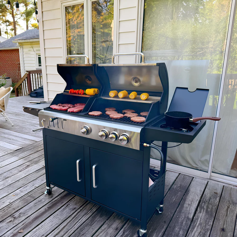 Premium dual function gas and charcoal smoker grill combo cooking burgers, corn, and steaks on a backyard deck