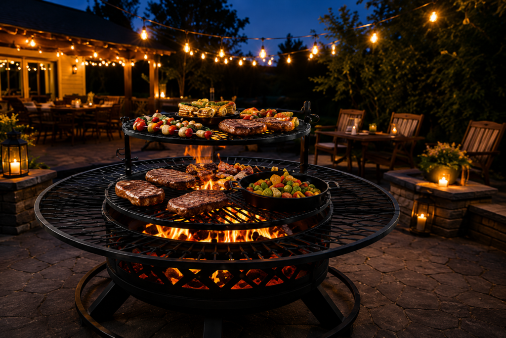 Best fire pit grills for backyard cooking featuring premium live-fire grilling, steaks, vegetables, patio lighting, and upscale outdoor entertaining