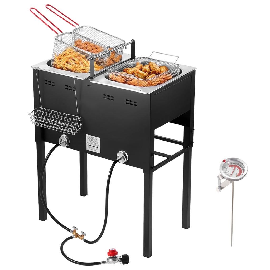 Premium outdoor deep fryers cooking wings fish and seafood during a backyard cookout