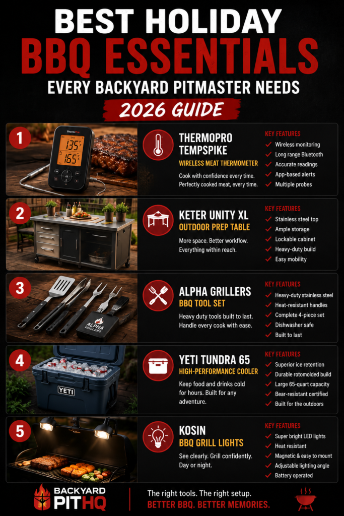 Best Holiday BBQ Essentials infographic featuring ThermoPro TempSpike, Keter prep station, Alpha Grillers tools, YETI cooler, and grill lights