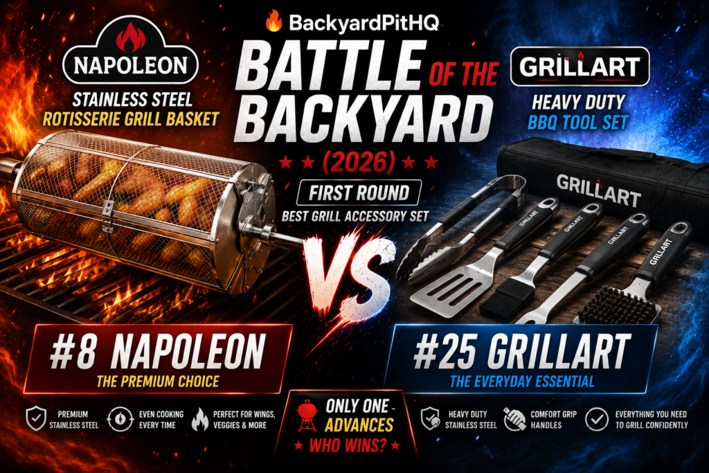 Napoleon rotisserie grill basket vs GRILLART heavy duty BBQ tool set in BackyardPitHQ Battle of the Backyard 2026