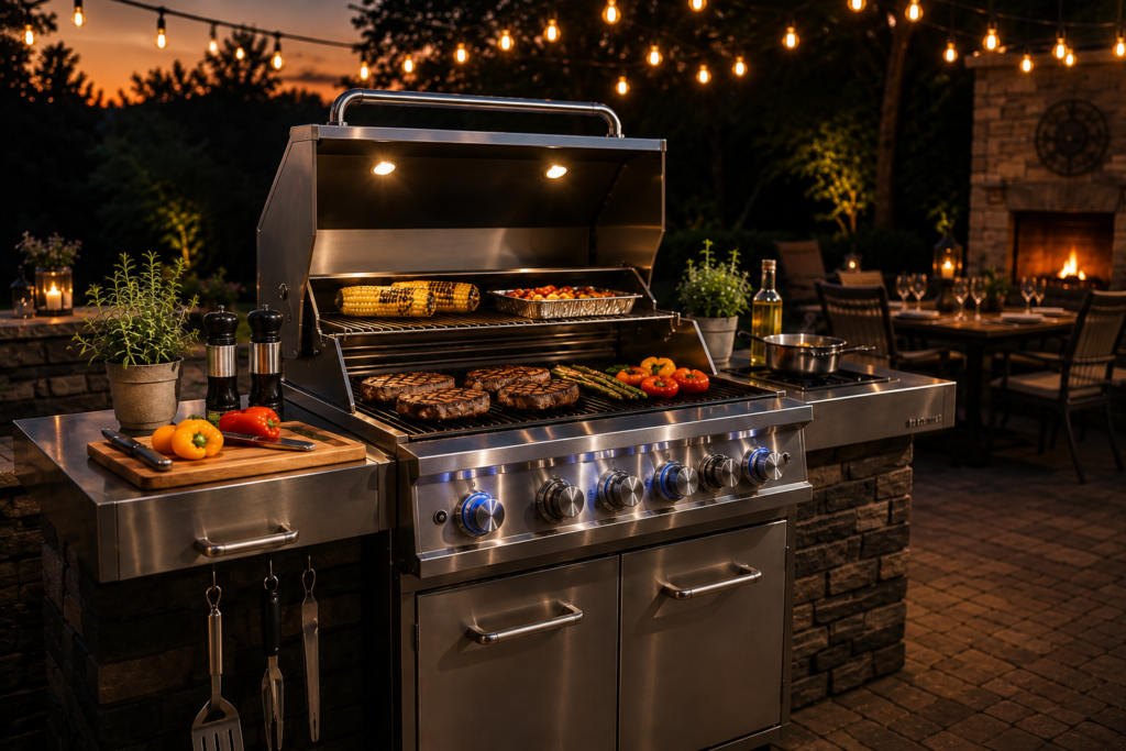 Luxury stainless steel gas grill cooking steaks and vegetables in upscale backyard kitchen for BackyardPitHQ Best Stainless Steel Gas Grills 2026 guide
