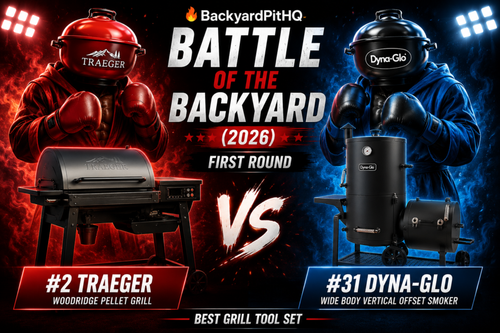 Traeger vs Dyna-Glo smoker comparison image showing premium pellet grill versus vertical offset smoker in BackyardPitHQ bracket battle