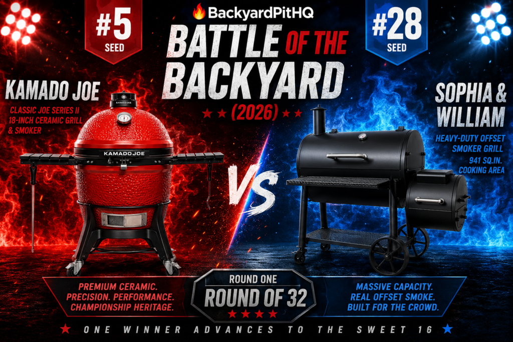 Kamado Joe vs Sophia and William Battle of the Backyard 2026 first round charcoal grill vs offset smoker showdown