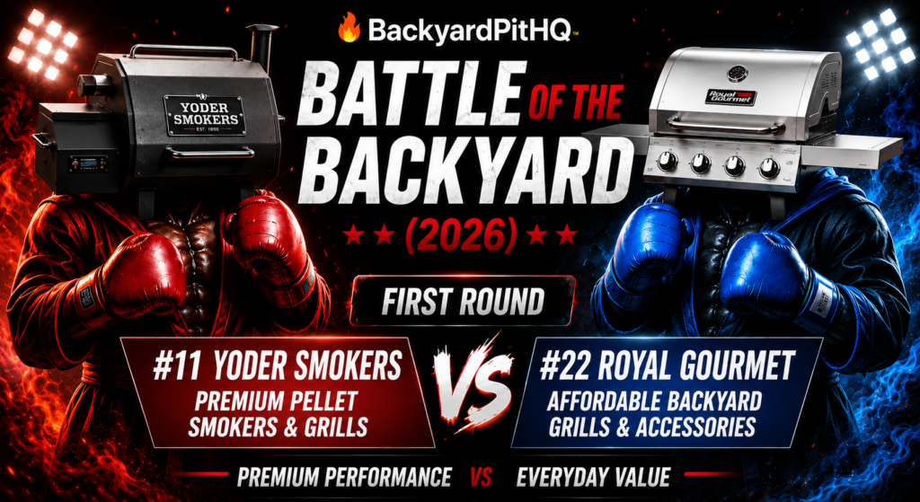 BackyardPitHQ Battle of the Backyard 2026 featuring #11 Yoder Smokers vs #22 Royal Gourmet in a first round smoker and grill showdown