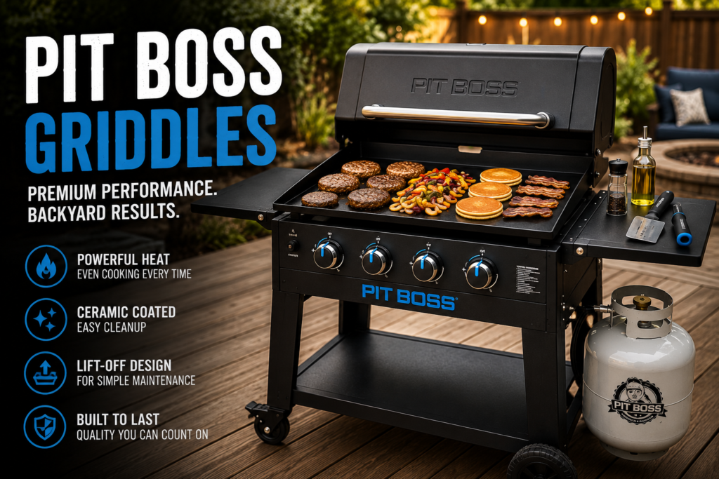 Pit Boss ceramic-coated griddle cooking burgers, pancakes, bacon, and vegetables during backyard grilling