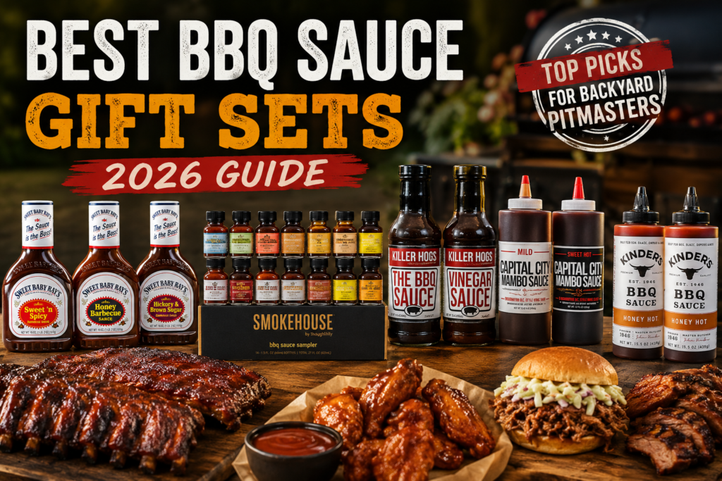 Best BBQ sauce gift sets featuring Sweet Baby Ray's, Smokehouse by Thoughtfully, Killer Hogs, Capital City Mambo Sauce, and Kinder's Honey Hot BBQ Sauce alongside ribs, wings, pulled pork, and smoked barbecue.