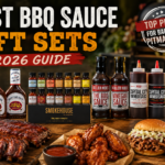 Best BBQ sauce gift sets featuring Sweet Baby Ray's, Smokehouse by Thoughtfully, Killer Hogs, Capital City Mambo Sauce, and Kinder's Honey Hot BBQ Sauce alongside ribs, wings, pulled pork, and smoked barbecue.