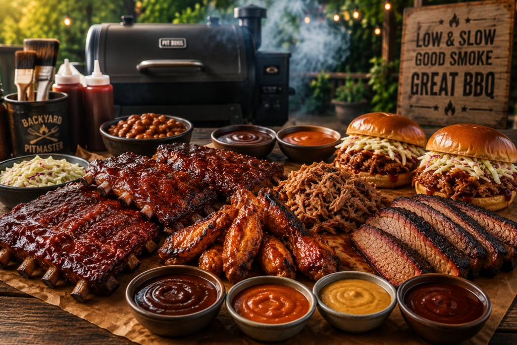 BBQ sauce gift sets and barbecue sauces served with smoked ribs, chicken wings, pulled pork sandwiches, and brisket during a backyard cookout.