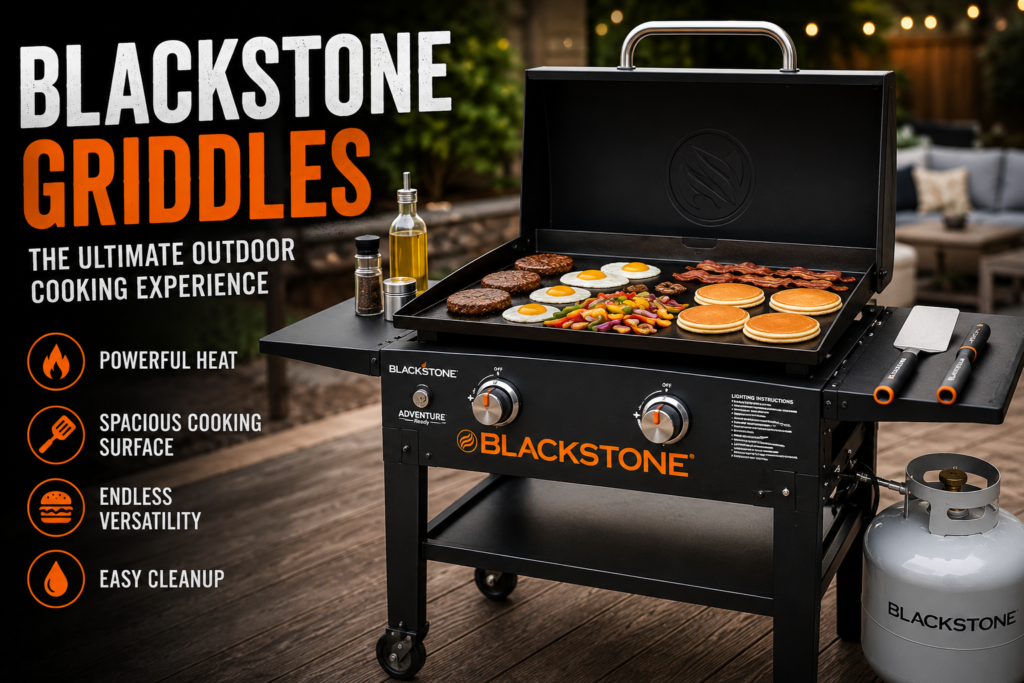 Blackstone flat top griddle cooking burgers, pancakes, eggs, and bacon during a backyard cookout