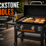 Blackstone flat top griddle cooking burgers, pancakes, eggs, and bacon during a backyard cookout
