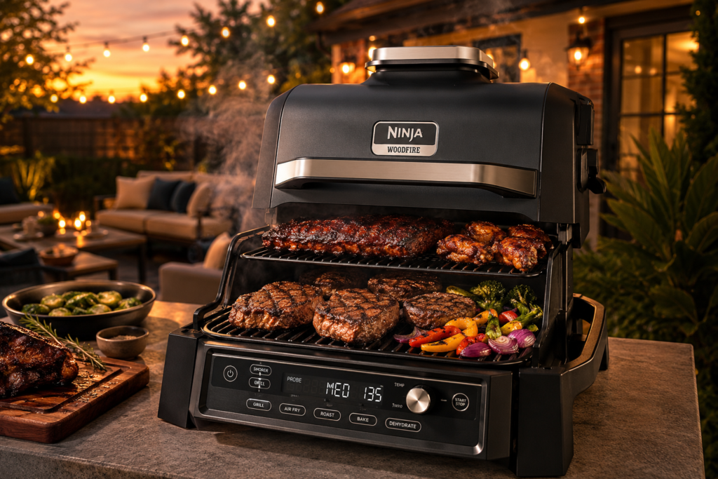 Best Ninja Woodfire Grills featured backyard BBQ setup with Ninja Woodfire Pro Connect XL