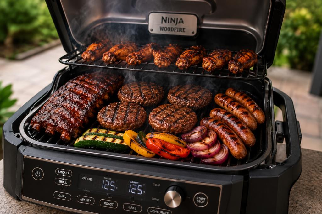 Best Ninja Woodfire Grills featured backyard BBQ setup with Ninja Woodfire Pro Connect XL