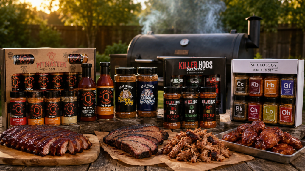 BBQ rub bundles from Meat Church, Killer Hogs, Spiceology, and Kosmos Q displayed with smoked ribs, sliced brisket, pulled pork, chicken wings, and a backyard smoker.