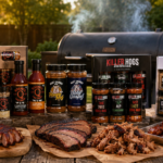 BBQ rub bundles from Meat Church, Killer Hogs, Spiceology, and Kosmos Q displayed with smoked ribs, sliced brisket, pulled pork, chicken wings, and a backyard smoker.