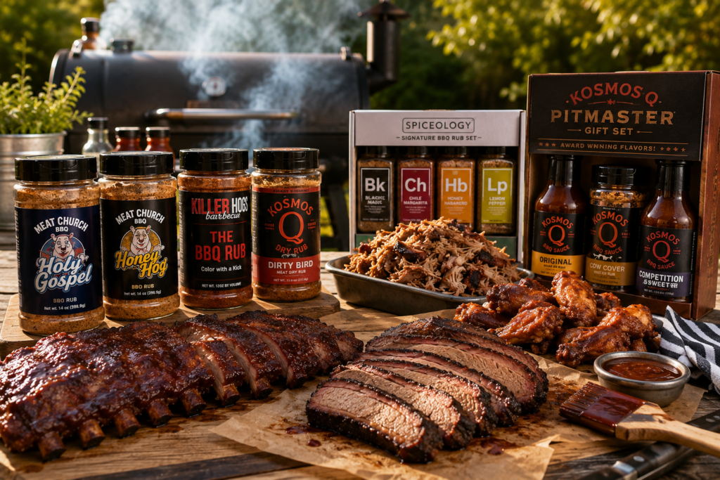 BBQ rub bundles from Meat Church, Killer Hogs, Spiceology, and Kosmos Q displayed with smoked ribs, sliced brisket, pulled pork, chicken wings, and a backyard smoker.