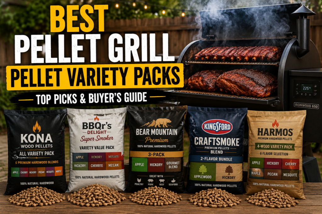 Best pellet grill pellet variety packs for BBQ featuring Kona, BBQr's Delight, Bear Mountain, Kingsford, and Harmos hardwood smoking pellets