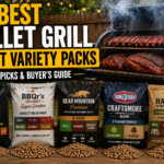 Best pellet grill pellet variety packs for BBQ featuring Kona, BBQr's Delight, Bear Mountain, Kingsford, and Harmos hardwood smoking pellets