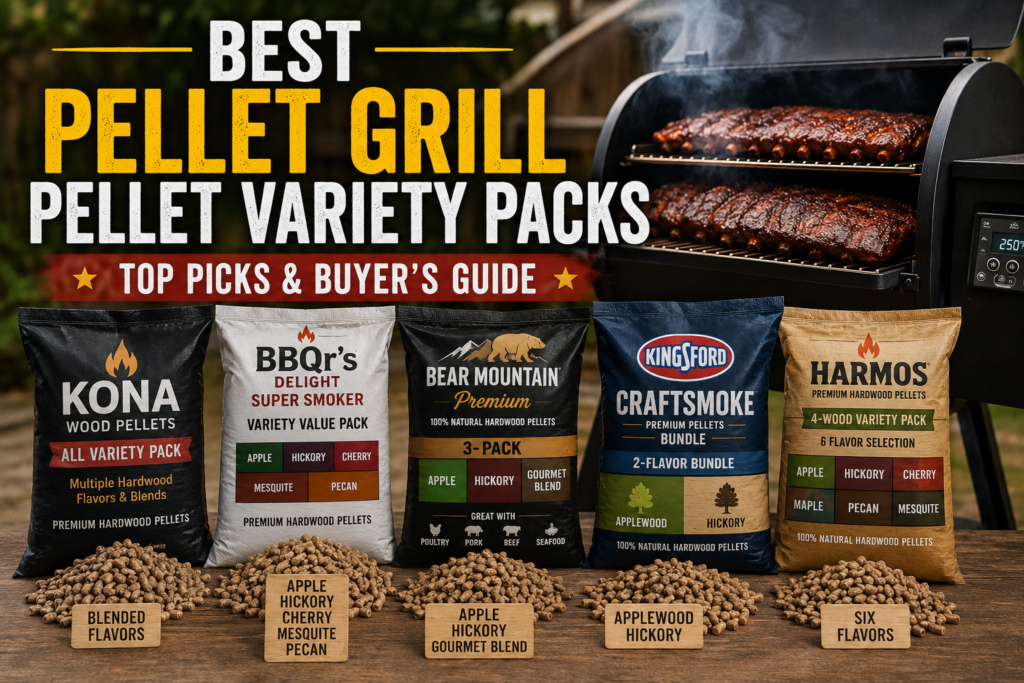 Best pellet grill pellet variety packs featuring Kona, BBQr's Delight, Bear Mountain, Kingsford Craftsmoke, and Harmos hardwood smoking pellets beside a pellet smoker loaded with ribs.
