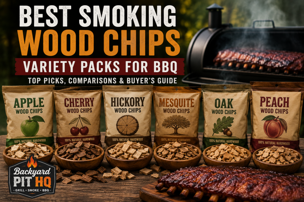 Best Smoking Wood Chips Variety Packs for BBQ featuring apple, cherry, hickory, mesquite, oak, and peach wood chips displayed beside smoked ribs and a backyard smoker.