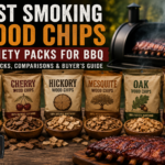 Best Smoking Wood Chips Variety Packs for BBQ featuring apple, cherry, hickory, mesquite, oak, and peach wood chips displayed beside smoked ribs and a backyard smoker.