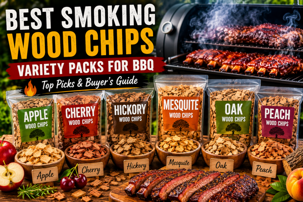 Smoking wood chips variety packs featuring apple, cherry, hickory, mesquite, oak, and peach flavors for BBQ smokers and grills.
