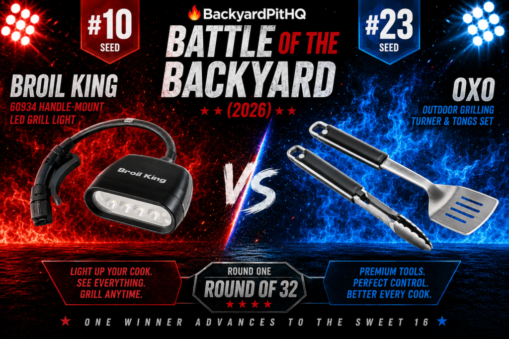 Broil King 60934 LED Grill Light and OXO Outdoor Grilling Turner and Tongs Set competing in BackyardPitHQ's Battle of the Backyard tournament
